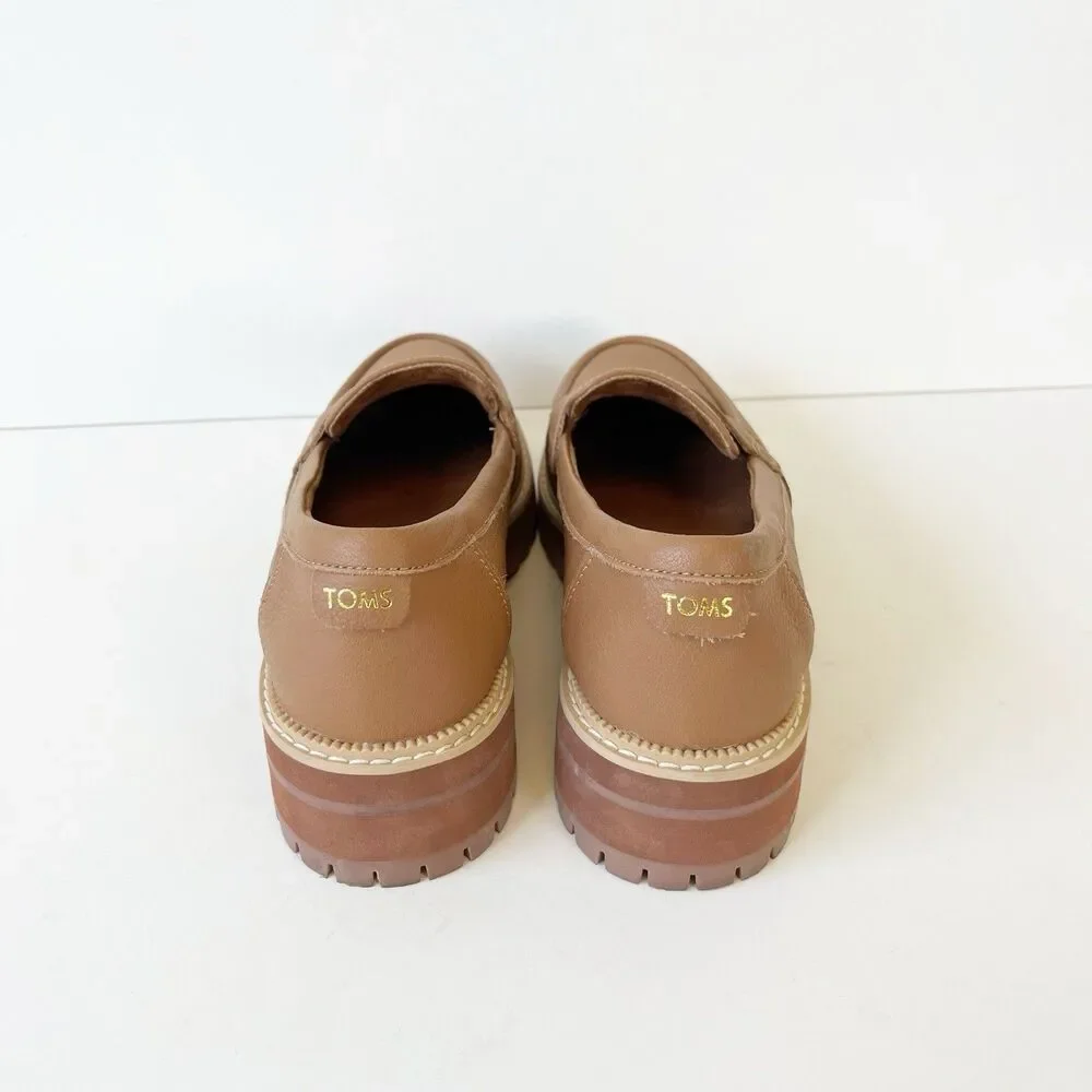 TOMS Cara Slip On Lug Platform Penny Loafers Flats Leather Camel Brown Size 9.5 - Picture 10 of 14